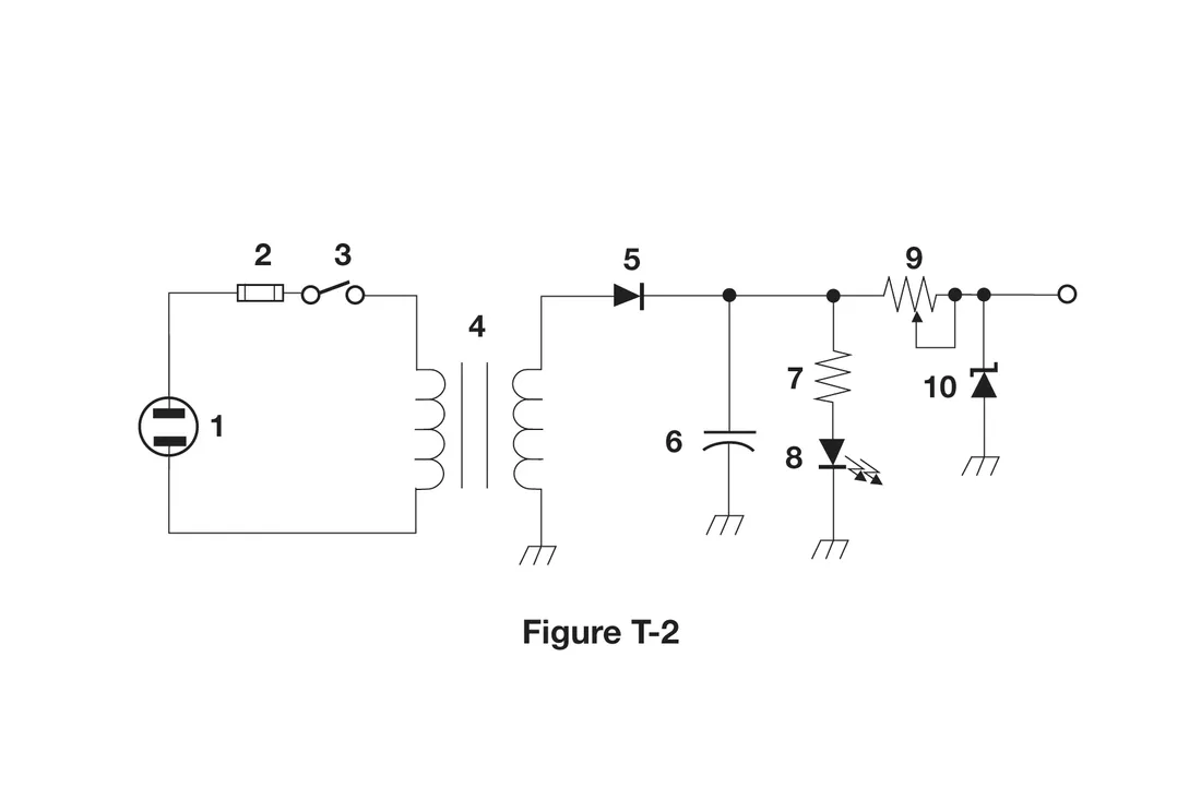 Figure T-2: schematic diagram of a power supply style circuit with ten numbered components.